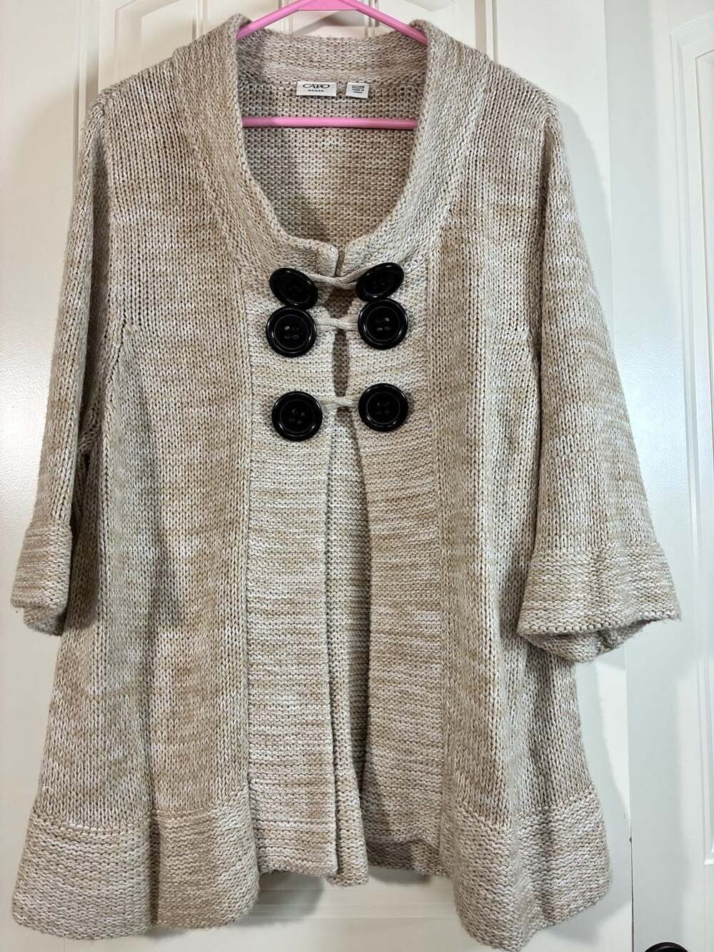 Cato Woman Beige Tan Marl Knit Cardigan Sweater with Large Buttons and 3/4 Sleev